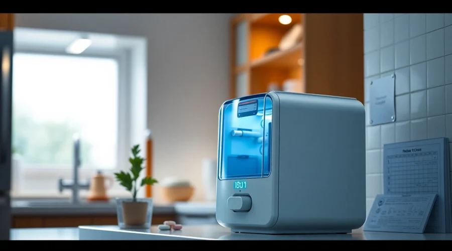 Innovative automatic pill dispenser on a kitchen counter for medication management.