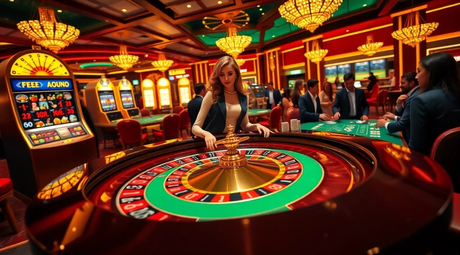 Exciting casino scene at https://okfun.uk.net/ with roulette, slots, and players engaged in gambling.