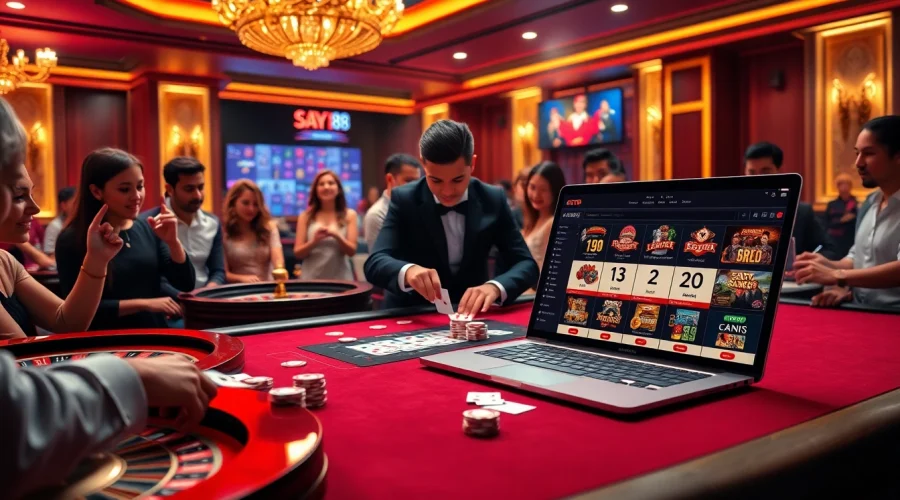 SAY88 nhà cái showcasing a lively casino scene with players at a gaming table and vibrant chips.