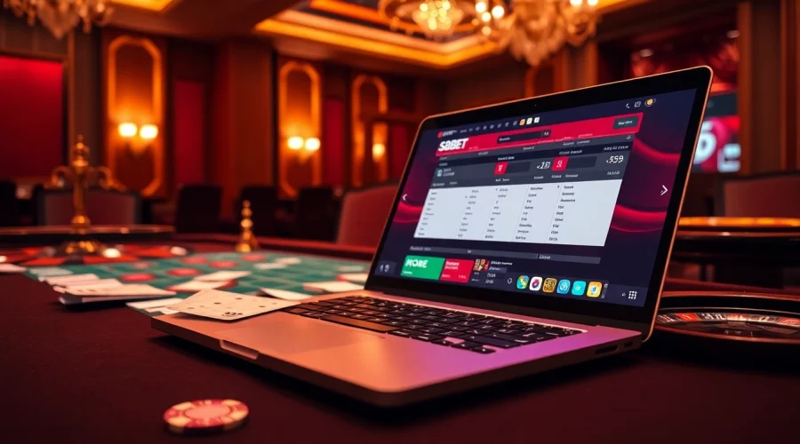 SBOBET online gambling experience showcasing vibrant casino elements like poker chips and a roulette wheel.