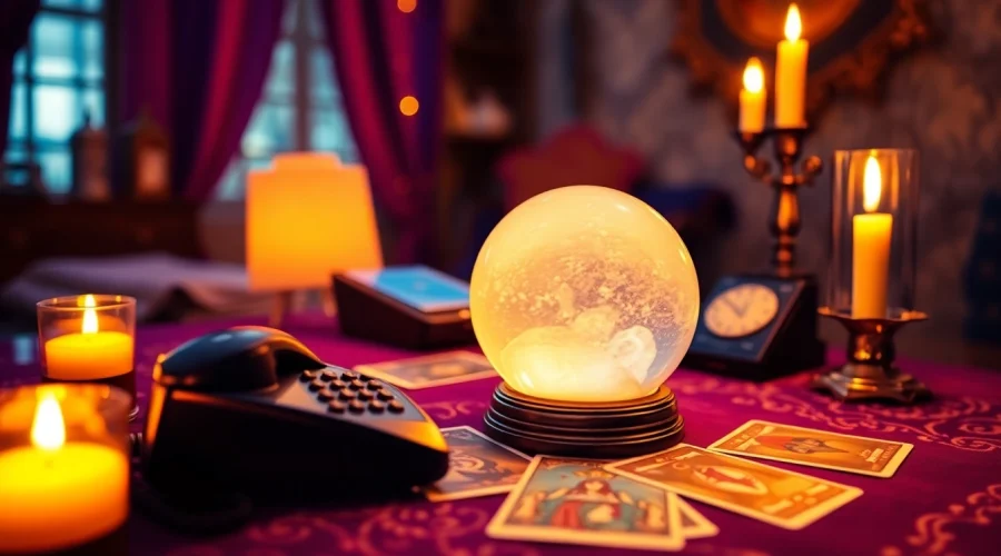 電話占い 当たるを際立たせる、神秘的な小道具と温かい雰囲気を備えた魅力的な電話占いの場面。