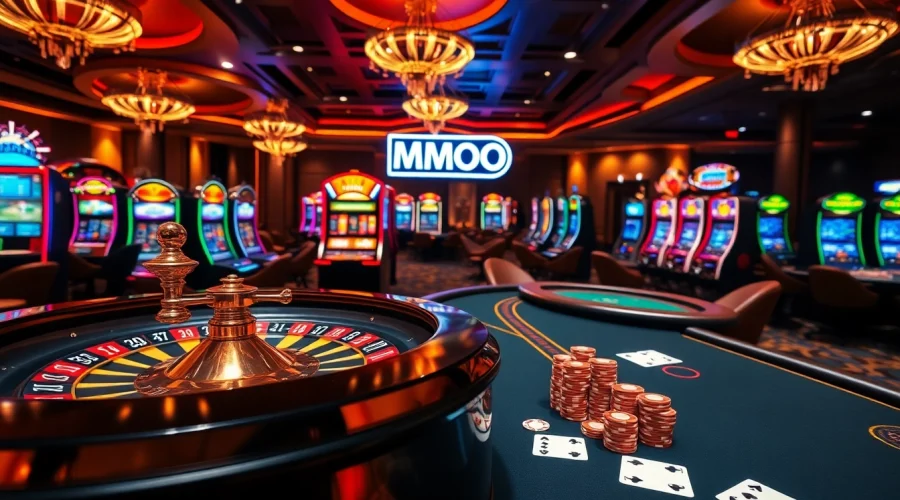 Experience the thrill of MMOO in a luxurious casino with exciting games and vibrant decor.