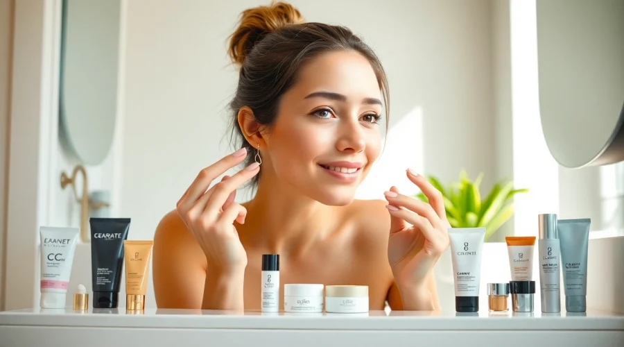 Woman applying the best CC cream for oily skin in a modern bathroom ambience.