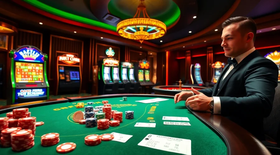 Experience high-stakes poker action at https://f8bet.ventures/ with vibrant chips and an elegant dealer.