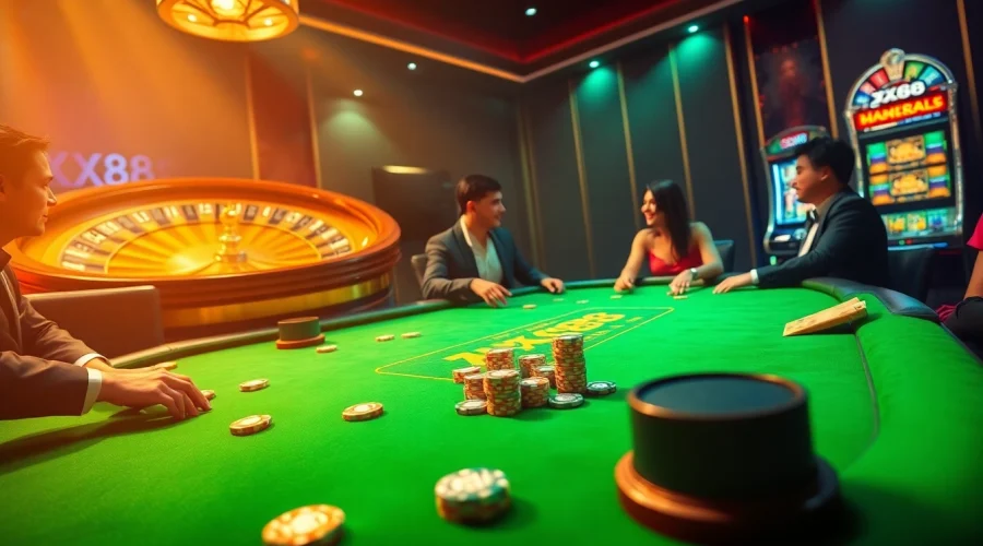 Engage in high-stakes poker at an opulent casino table with xx88-themed chips.