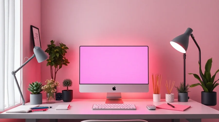 Bright pink screen in a creative workspace, enhancing comfort and inspiration.