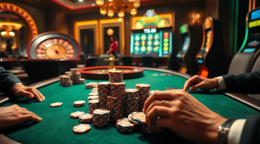 Players strategizing at the TT88 poker table, surrounded by vibrant casino energy.