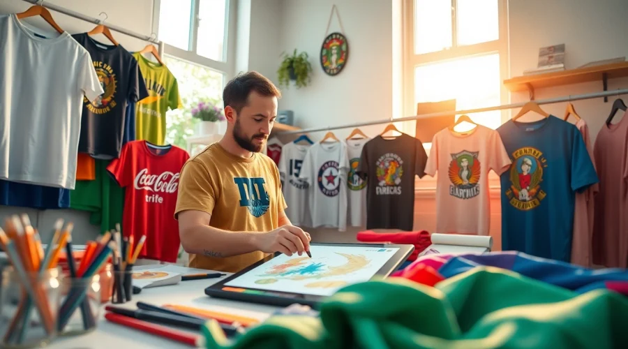 Personalizuoti marškinėliai rodomi kūrybinėje darbo erdvėje, įkvepiantys individualaus T-shirt dizaino.