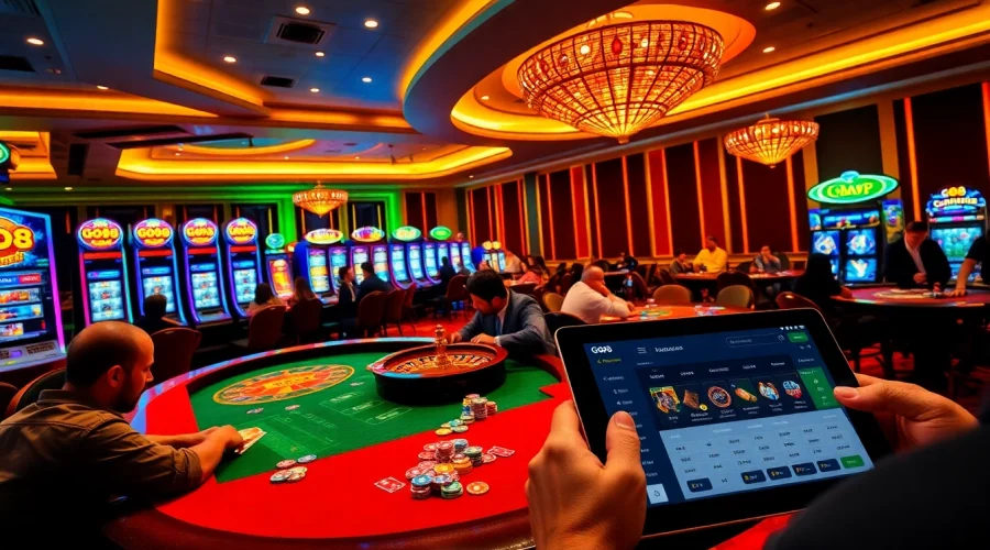 GO8 players engaging in high-stakes poker and vibrant slot machines in a luxurious casino.