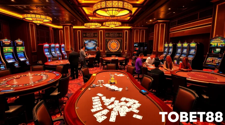 Tobet88's thrilling casino scene showcasing poker tables, warm lighting, and high-stakes action.