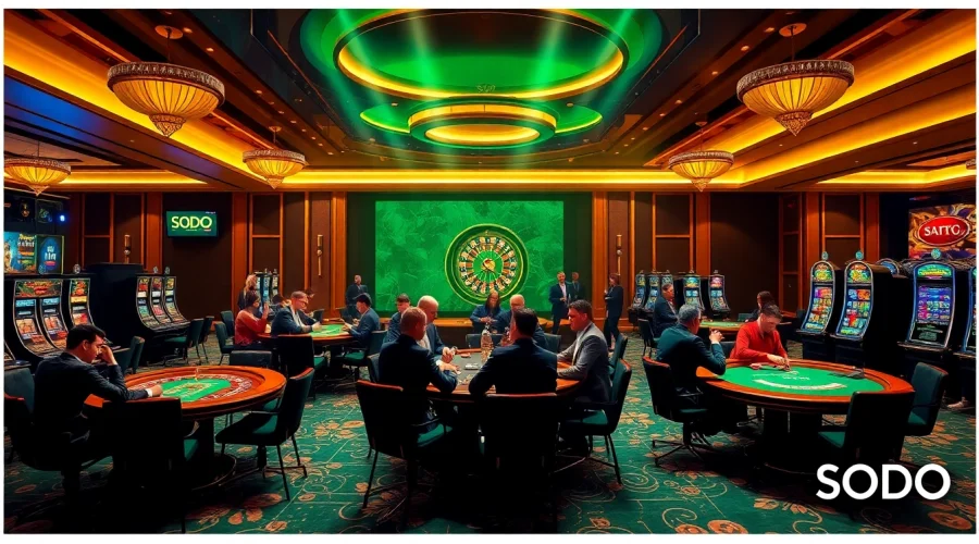 SODO Casino players enjoying thrilling poker and roulette games in an upscale environment.
