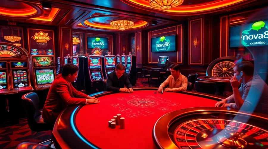 Intense poker game at nova88 casino with luxurious atmosphere and vibrant slot machines.