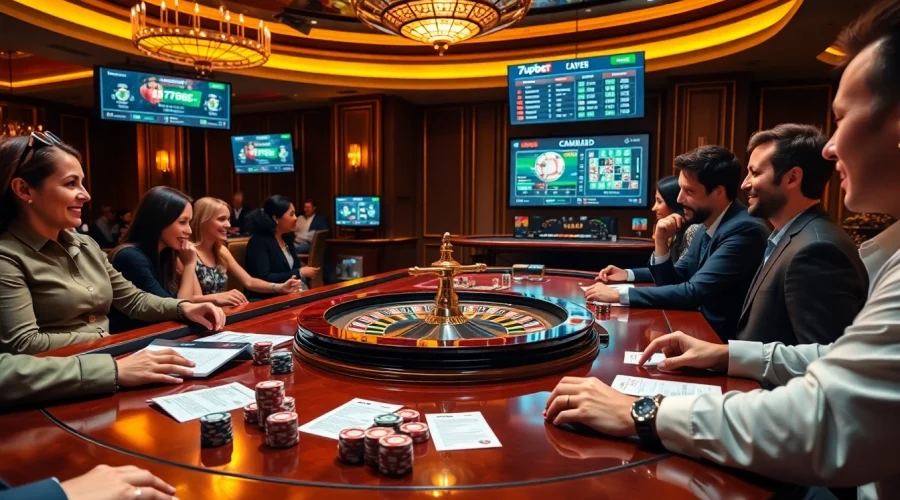 7upbet players strategizing at an elegant casino table amidst lively betting action.