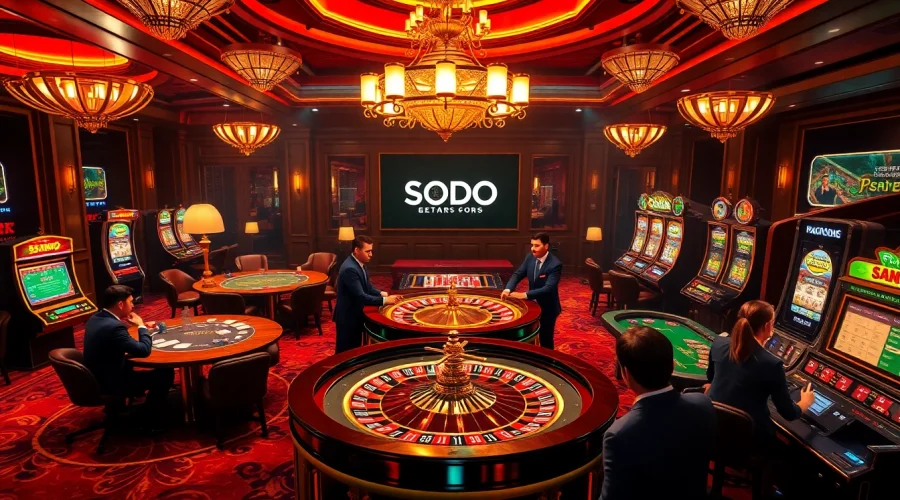 SODO branded casino scene showcasing roulette, poker tables, and vibrant gambling excitement.