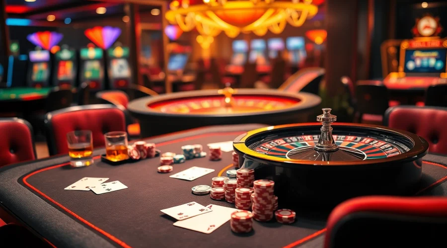 Experience the thrill of nova88 with an elegant casino setup featuring poker chips and a roulette wheel.