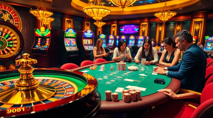 Experience the excitement of k9k9 casino with players at a vibrant blackjack table surrounded by roulette wheels.