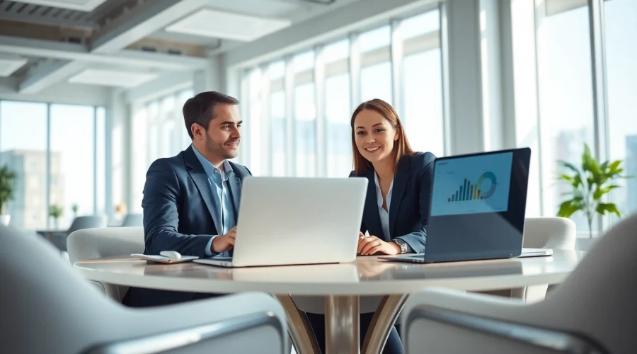 商务专业人士在现代办公室使用 WPS 软件进行协作。