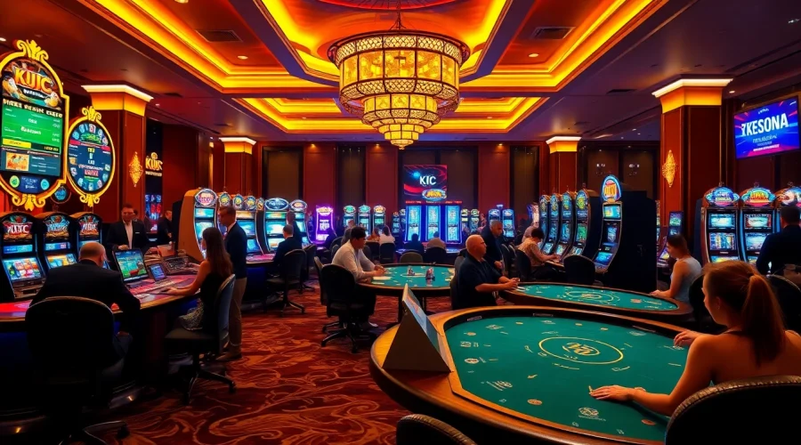 KJC online casino showcasing vibrant poker action with professional dealers and dazzling slot machines.