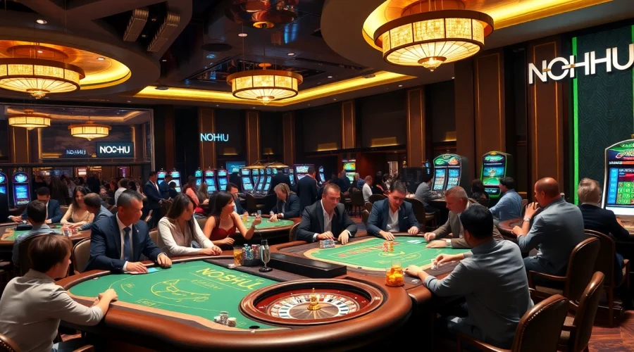 Gamble at NOHU casino with vibrant tables, roulette wheels, and an exciting atmosphere.