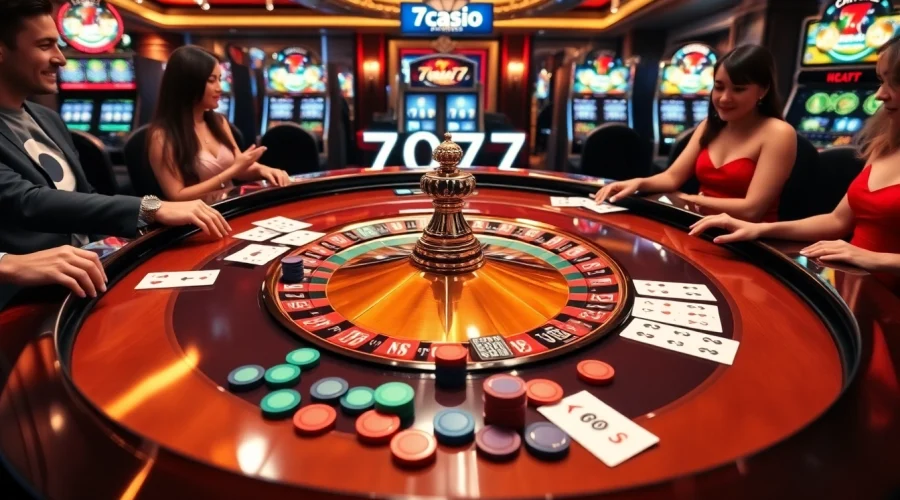 Experience the excitement of 7C77 casino gaming with vibrant roulette and card tables.
