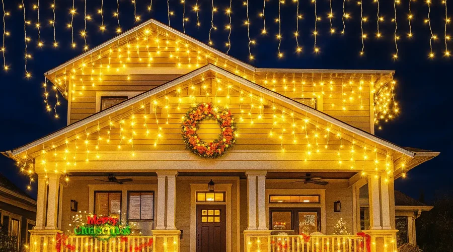 Home decorated with glowing outdoor Christmas lights