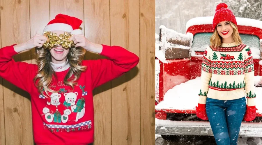 Women in colorful Christmas sweaters celebrating winter