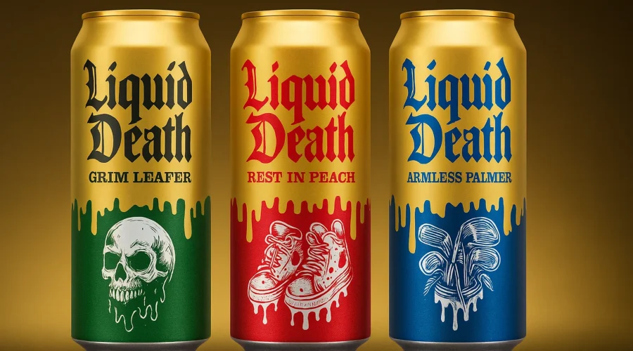 Liquid death tea trio on a gold gradient background