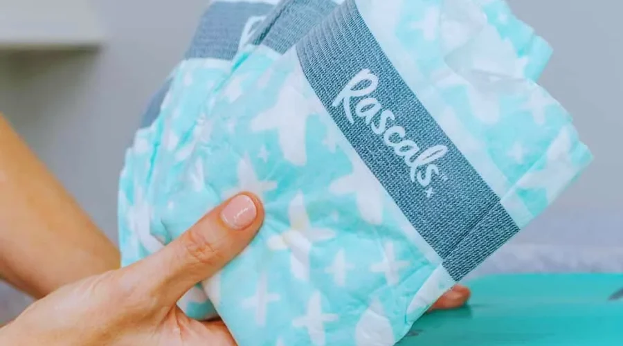 Hand holding Rascal and Friends Diaper packs from a new box