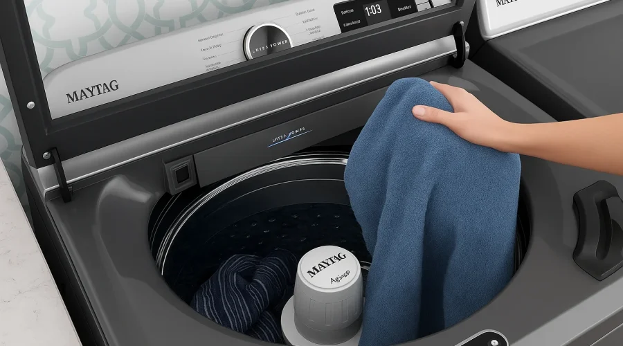 Hand loading towel into top load washers with agitators.