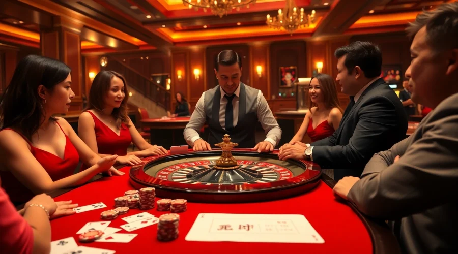Engaging in แทงบอล at a luxurious casino table surrounded by excitement and professional atmosphere.