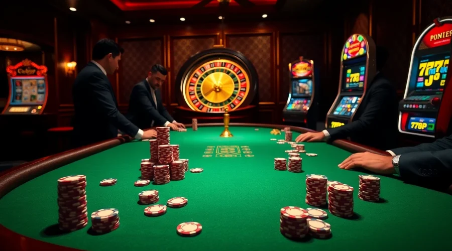 Experience excitement at a luxurious poker table scene featuring 789P with chips, roulette, and slot machines.