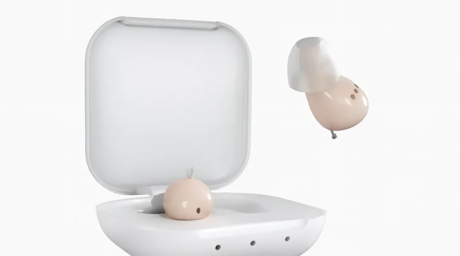 Audien Atom hearing aids with charging case on white background