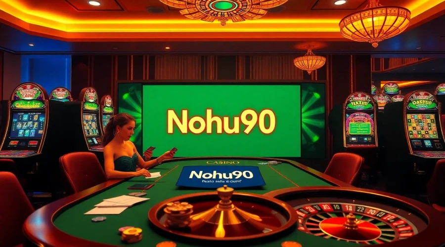Players engaging at a luxurious casino table with Nohu90 branding, highlighting the excitement of gambling.