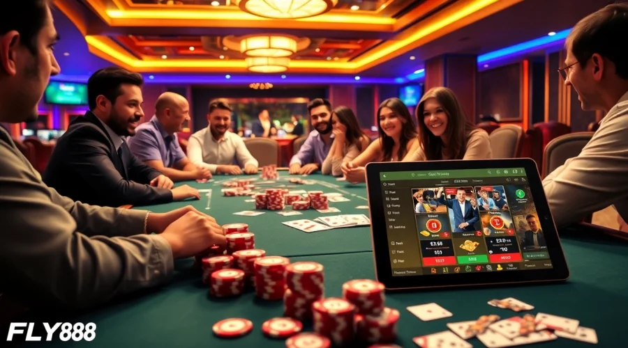 Engaged players at a FLY88 gaming table, showcasing strategy and excitement in a thriving casino atmosphere.