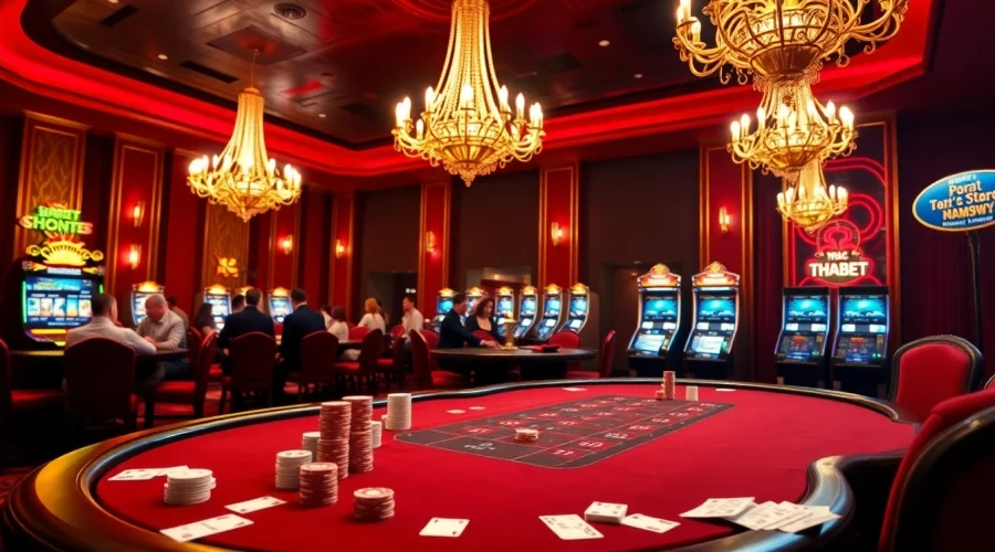 Players immersed in a high-stakes poker game at THABET, showcasing vibrant casino action.
