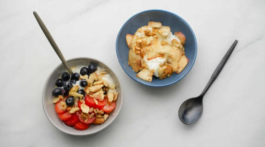 Frozen Yogurt Toppings with fresh fruits and nuts