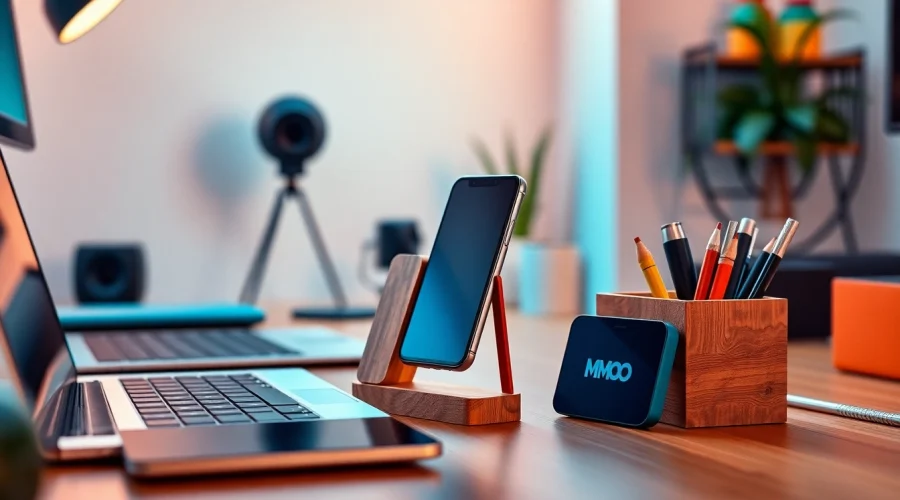 MMOO stylish accessories for tech gadgets in a modern workspace