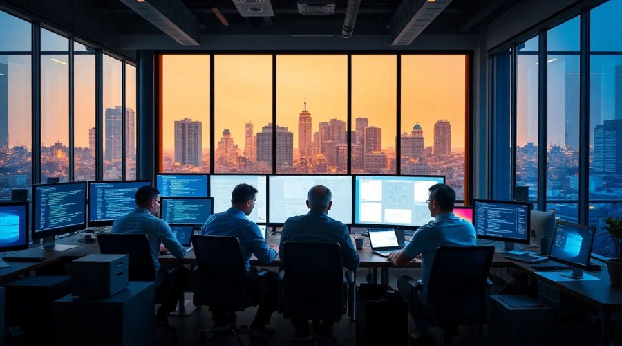 Software engineering professionals collaborating in a modern workspace with tech gadgets.