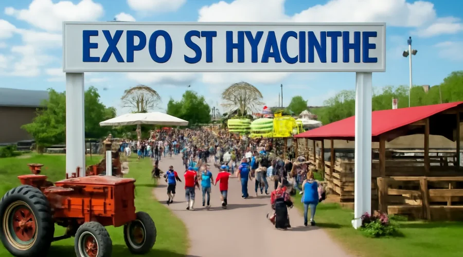Visitors walking under a large Expo St Hyacinthe