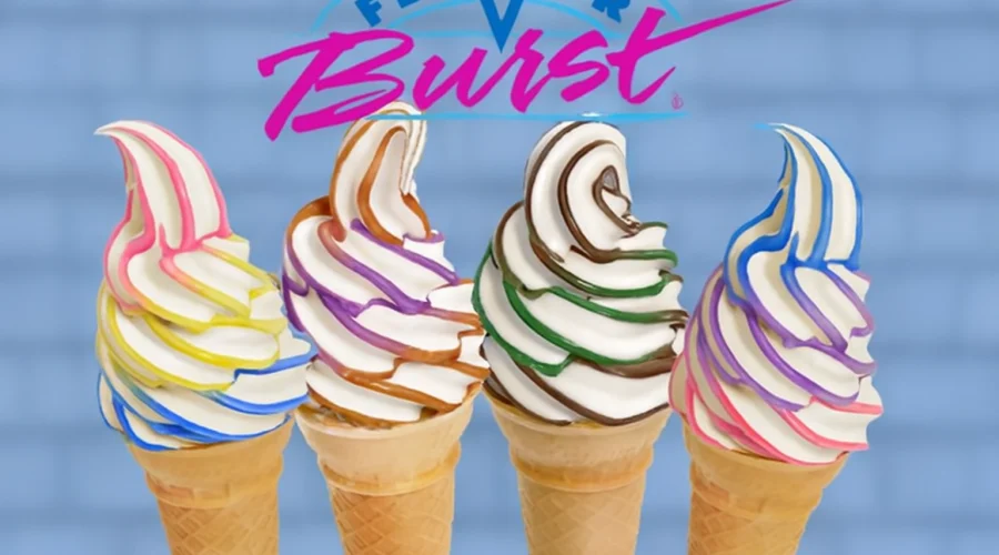 Four soft serve Flavor Burst ice cream cones