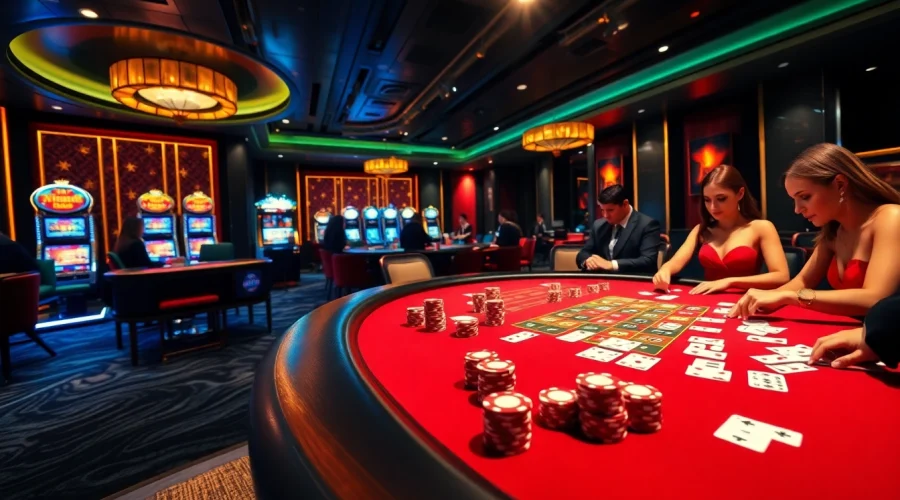 Engage in a thrilling poker game at KJC's luxurious casino, featuring vibrant chips and focused players.