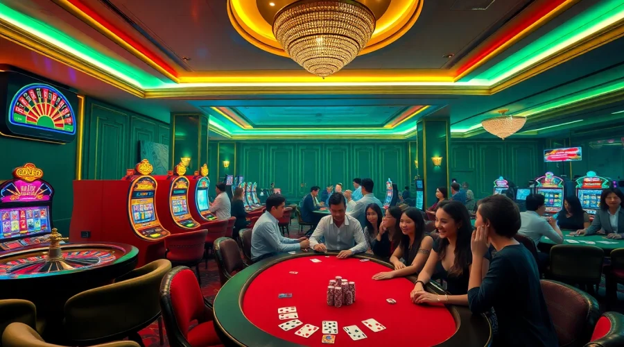 i5bet players enjoying an exciting casino atmosphere with roulette, poker, and slot machines.