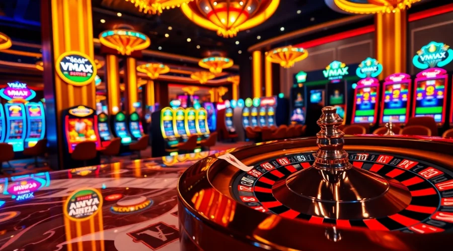 Experience the excitement of VMAX gaming at a luxurious casino with roulette and engaging slot machines.