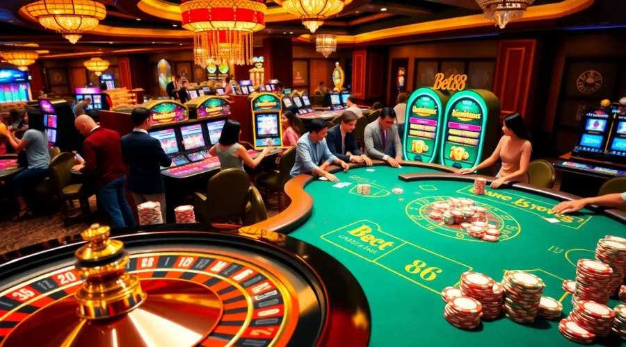 Experience the excitement of Bet88 with vibrant casino elements, poker chips, and roulette.