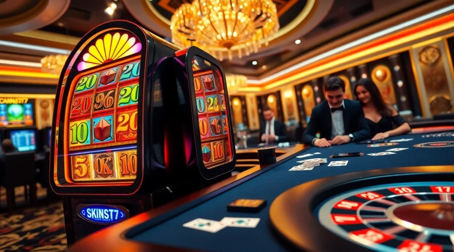 Experience the excitement of slot777 with vibrant casino slot machines and players engaged in action.