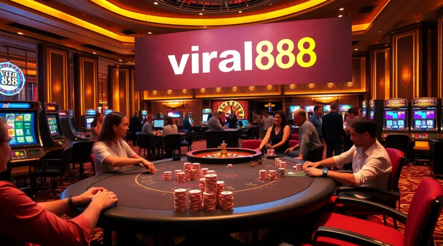 Engage in thrilling gaming at viral88 casino, featuring poker tables, roulette wheels, and vibrant slot machines.