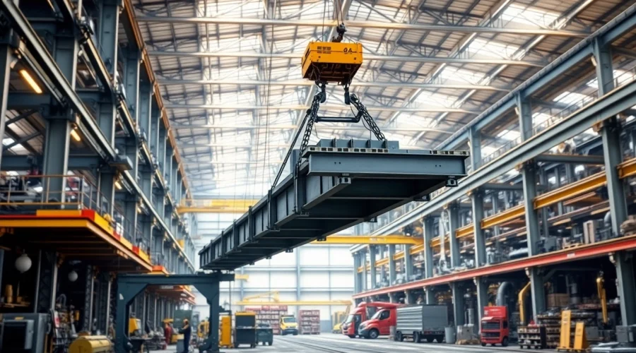 Bridge crane lifting a heavy steel beam in an industrial setting, emphasizing precision and efficiency.