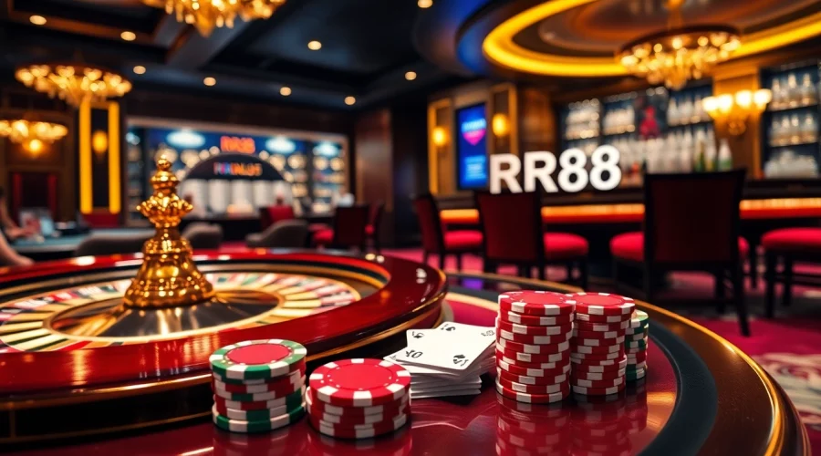 RR88 casino scene showcasing poker chips and roulette table in a luxurious setting.