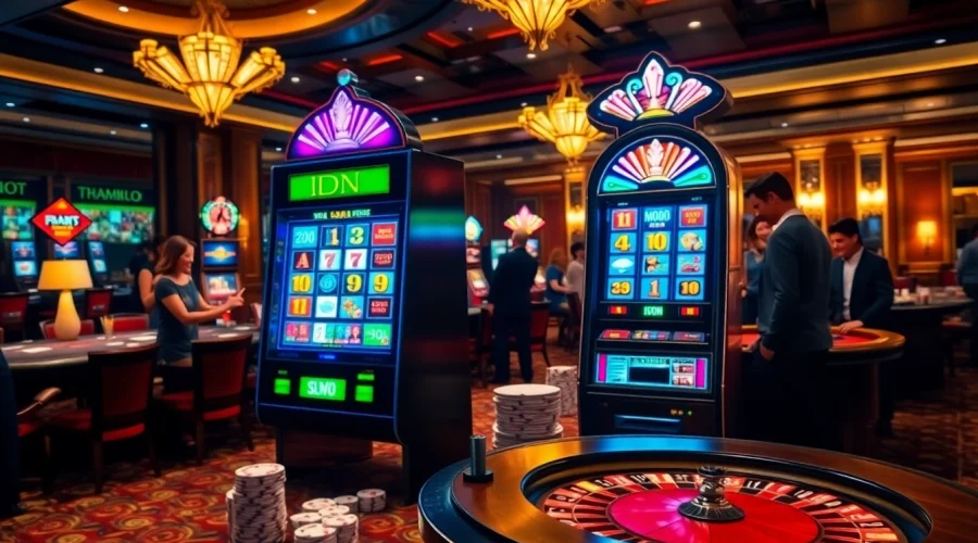 Play the idnslot game with excitement at a luxurious casino filled with vibrant colors and energetic players.