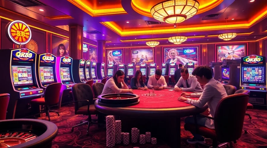 Experience the excitement of online gambling at OK88 with vibrant casino tables and slot machines.